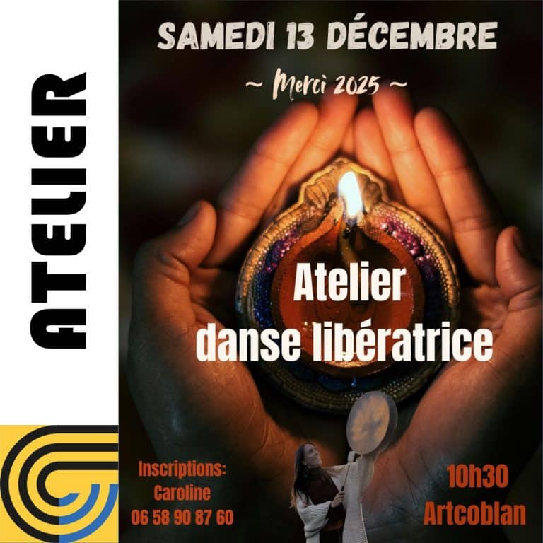 Atelier de danse libre avec Caroline Bonnel dans la salle jaune d'artcoblan, samedi 13 décembre à 10h30.